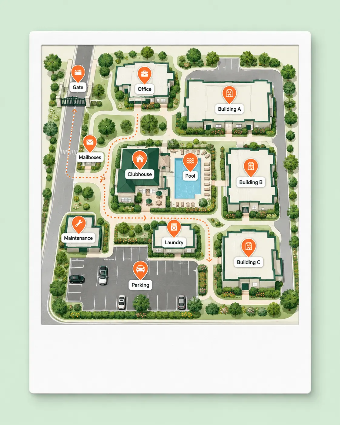 Illustrated property map with labeled locations
